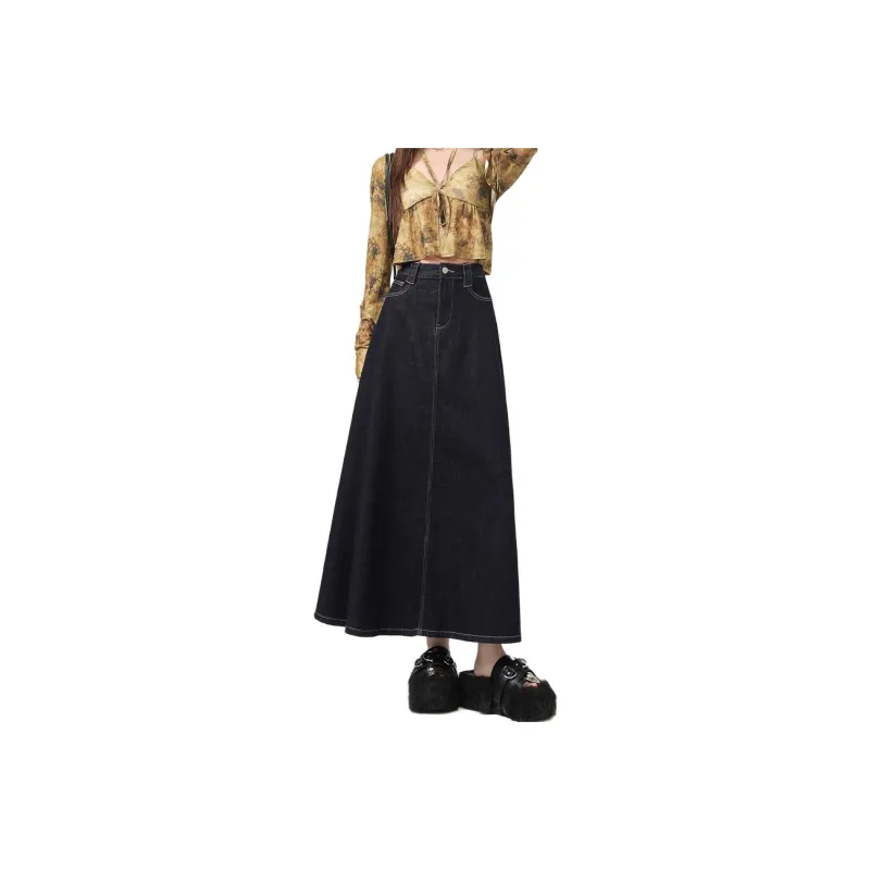 Kazakhstan Denim Long Skirts Women's Dark Blue-0