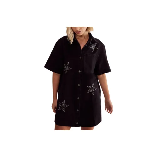NASTY GAL Star Studded Denim Shirt Dress Short-Sleeved Dresses Women's Black