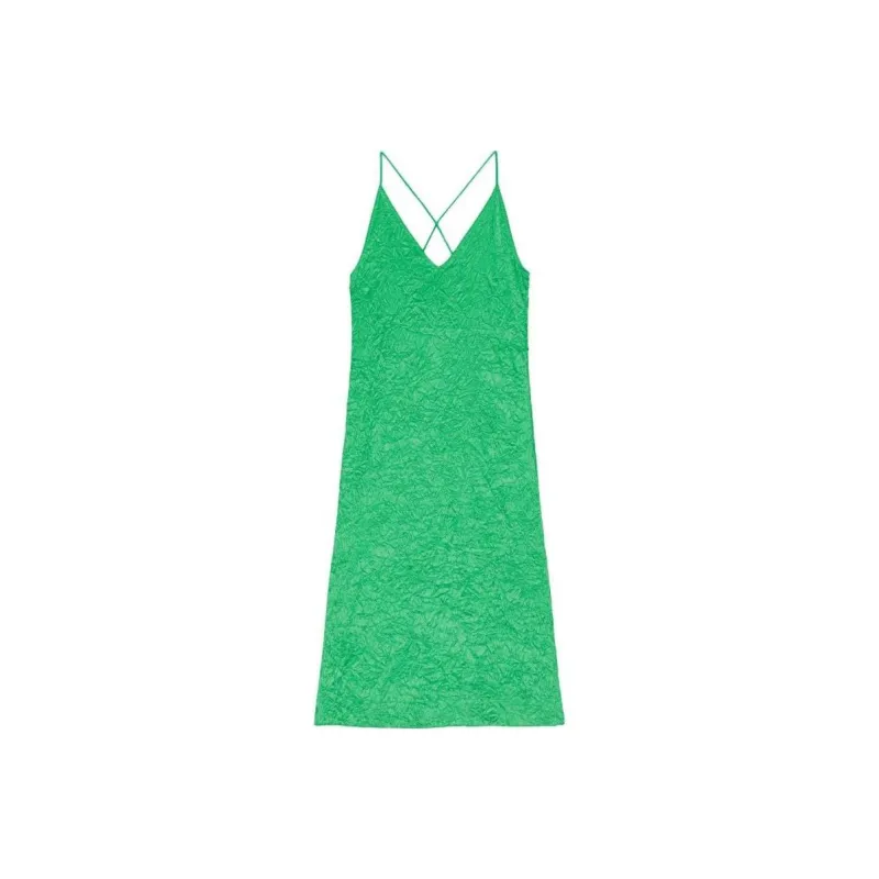 GANNI Crinkled Satin Slip Dress 'Green'-0