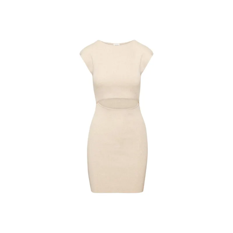 ARITZIA Wilfred Free Cut-Out Knit Mini Dress Short-Sleeved Dresses Women's Heather Flax Beige/Stone Heather Linen Beige-0