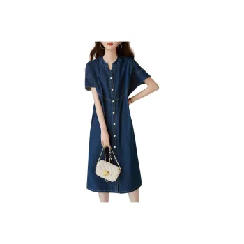 【dme】 Short Sleeved Dress Women's Dark Denim Blue