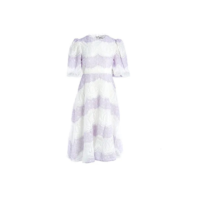 Marie Elie Short-Sleeved Dresses Women's Purple White Stripes-0