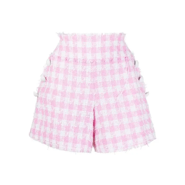 BALMAIN Button embellished Gingham Tweed Shorts-0