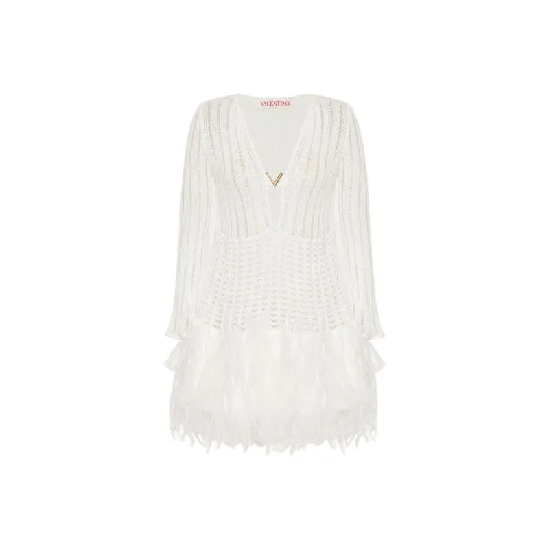 Valentino Crochet Knit Feathered Mini Dress 'White'-0