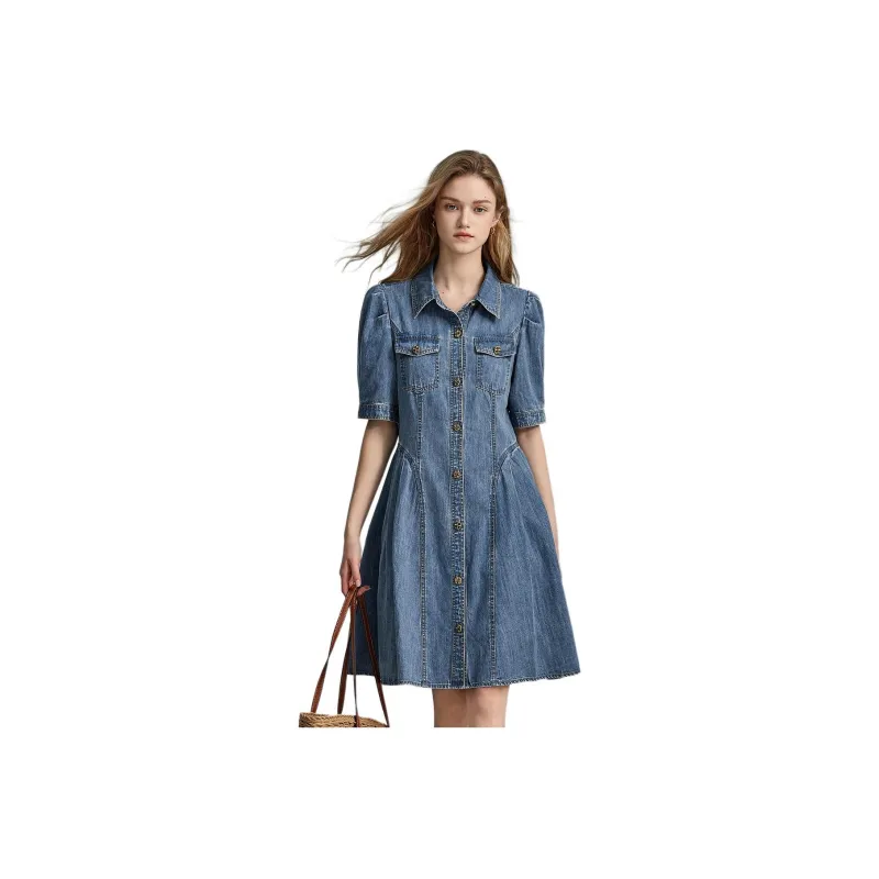 【dme】 Short Sleeved Dresses Women's Medium Denim Blue-0