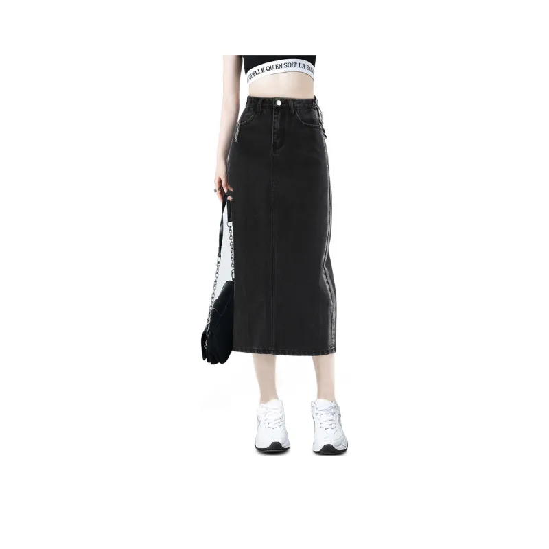 Silly Denim Long Skirt Women's Black Gray-0