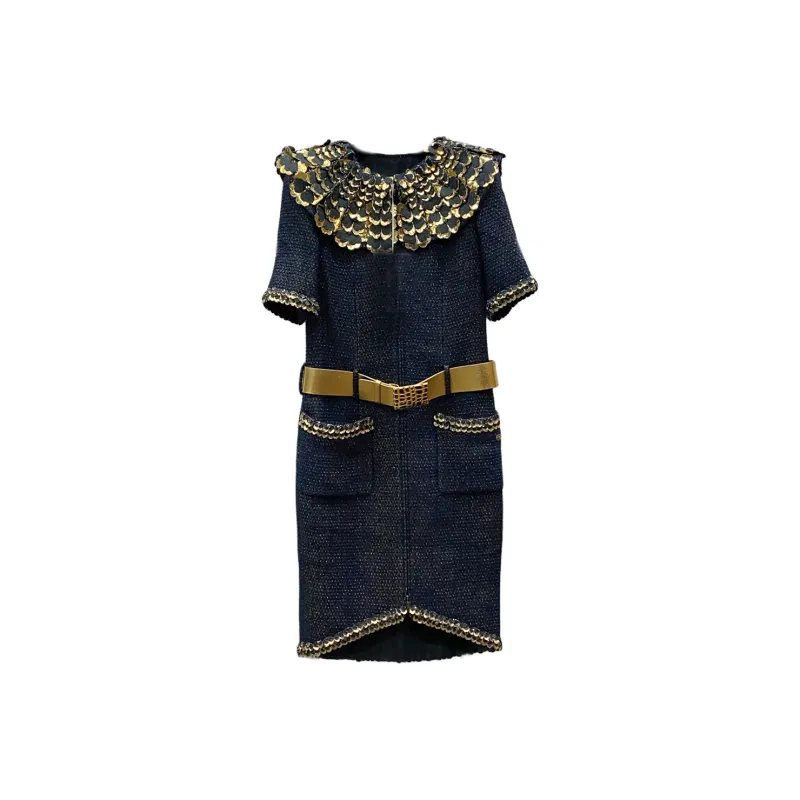 CHANEL Short Sleeved Dress Women's Blue-0