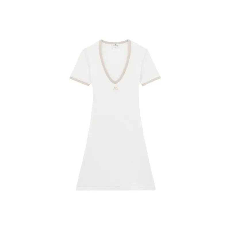 COURREGES Contrast V Neck Mini Dress 'White Heritage/Sand'-0