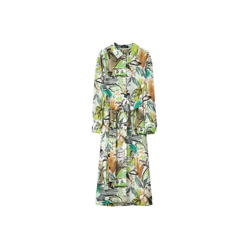 NINE WEST Long Sleeved Dresses Women's White Background With Green Flowers