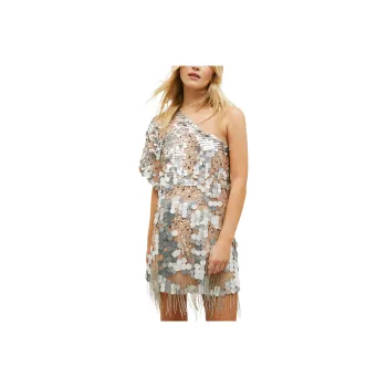NASTY GAL One Shoulder Mixed Sequin Mini Dress Short-Sleeved Dresses Women's Silver