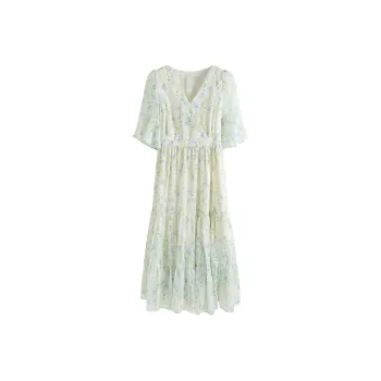 DOSOHEB Short Sleeved Dress Women's Yellow Floral