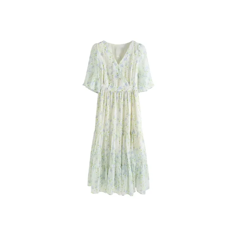 DOSOHEB Short Sleeved Dress Women's Yellow Floral-0