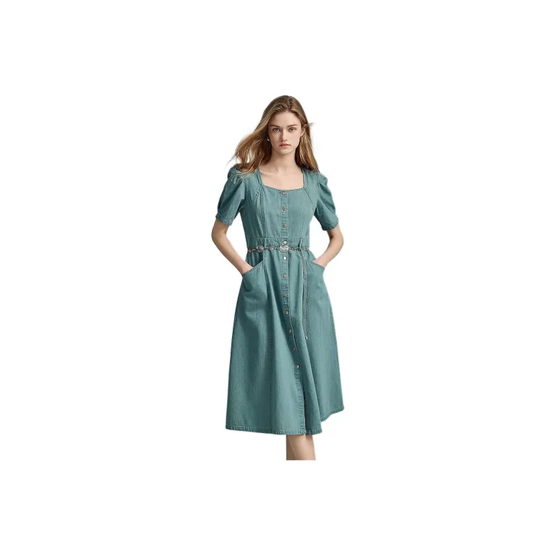 【dme】 Short Sleeved Dresses Women's Light Denim Blue-0