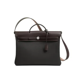 HERMES Herbag Messenger Canvas With Hunter Cow Leather Shoulder Bag, Crossbody Bag, Handbag Men's Dark Bronze & Ebony