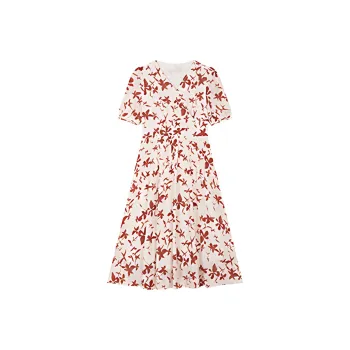 Mapping Short-Sleeved Dresses Women's Light Beige With Red Flowers