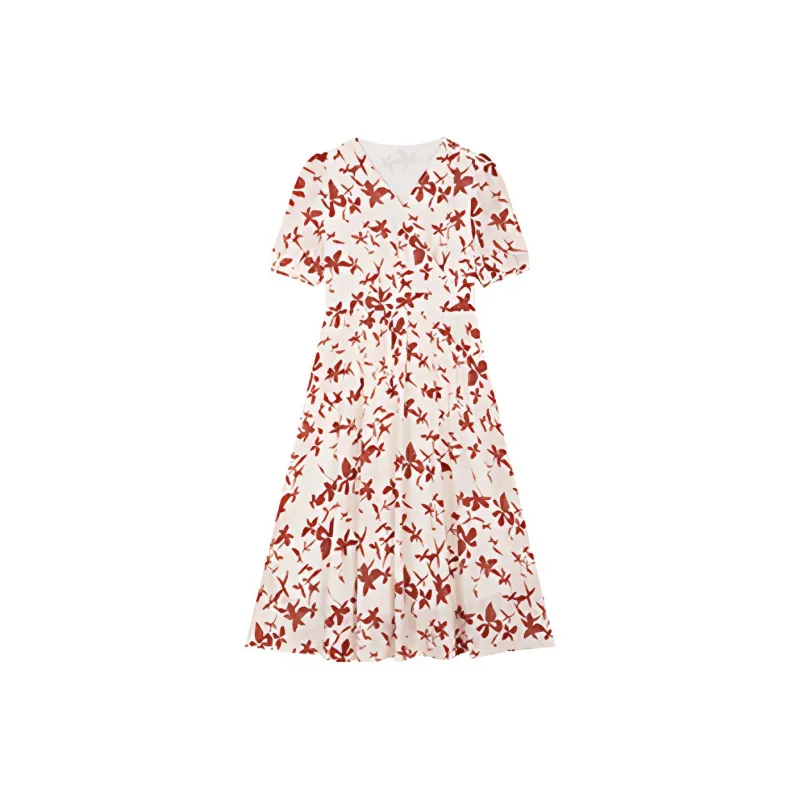 Mapping Short-Sleeved Dresses Women's Light Beige With Red Flowers-0