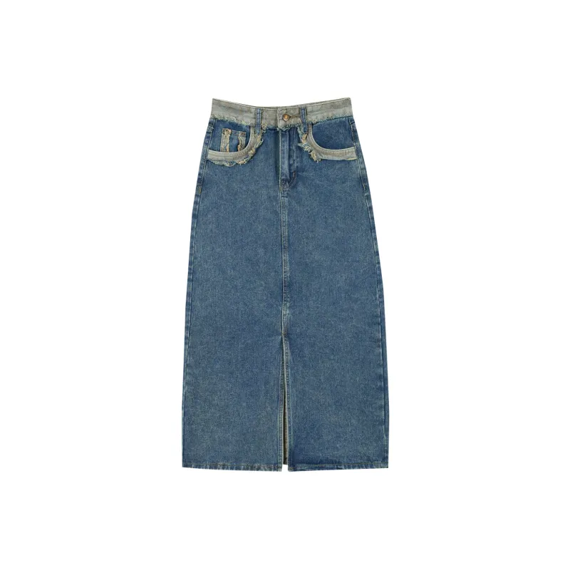 QYPRF Denim Long Skirts Women's Vintage Blue-0