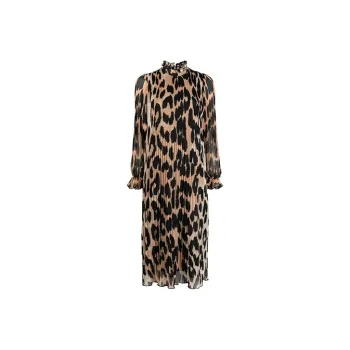 GANNI Pleated Georgette Dress 'Leopard'