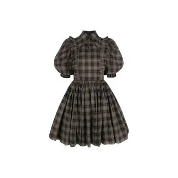 Selkie Collection FW24 Short Sleeved Dresses Women's Gray And White Alternating Plaid Print