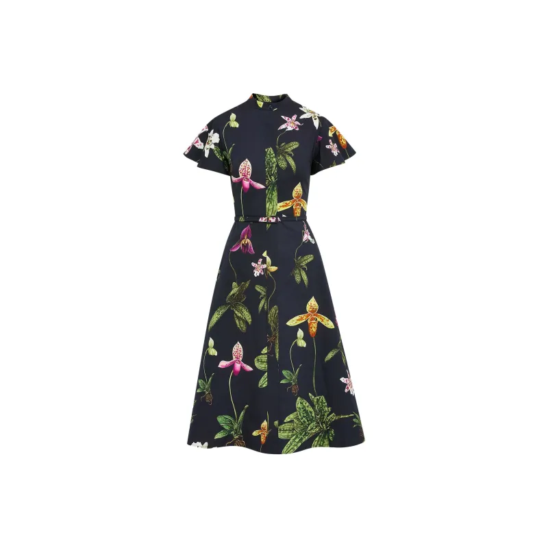 Oscar De La Renta Orchid Short sleeved Cotton Poplin Dress-0