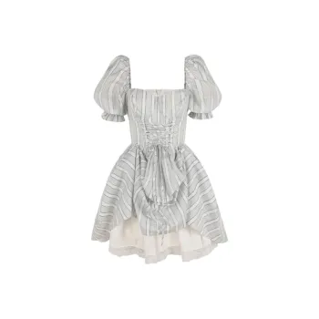 Selkie Collection FW24 Short Sleeved Dresses Women's Light Celadon Vertical Stripes White Tea Towel Print
