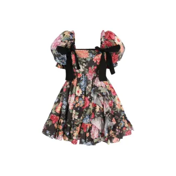 Selkie Collection SS24 Short-Sleeved Dresses Women's Black Background Vibrant Garden Print