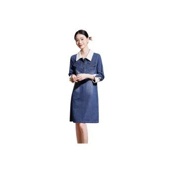 Hang Yi Court Long Sleeved Dress Women's Denim Blue