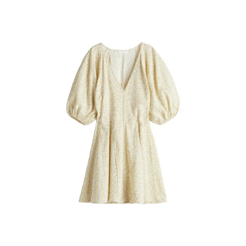 H&M Short Sleeved Dress Women's White/Yellow Floral-0