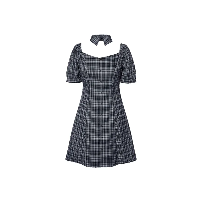 I'M ONE Short Sleeved Dresses Women's Black Gray Plaid-0