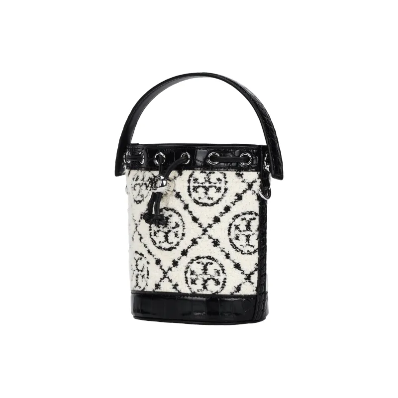 TORY BURCH T Monogram Fabric With Leather Bucket Bag, Handbag, Shoulder Bag, Crossbody Bag Mini Women's Black-1