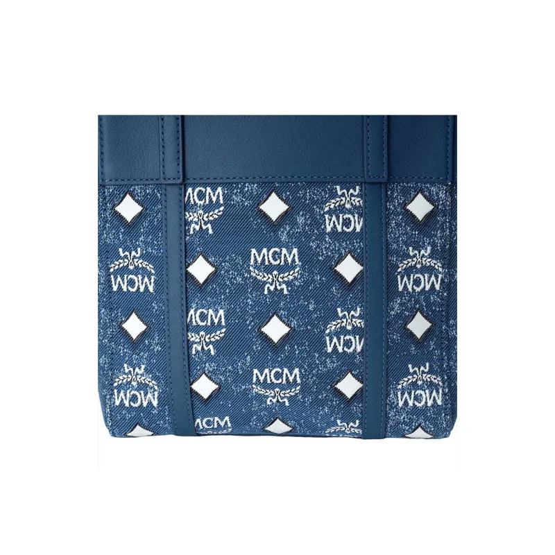 MCM Nappa Leather Trim Tote Bag, Shopping Bag, Shoulder Bag, Crossbody Bag, Handbag Mini Women's Blue-4