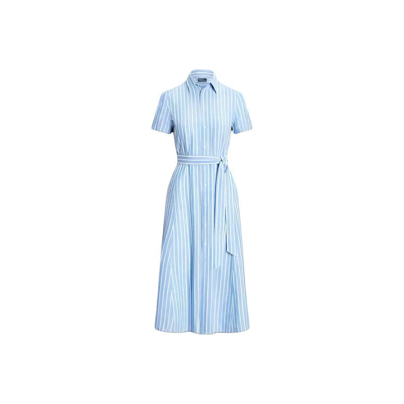 Polo Ralph Lauren Belted Striped Linen Shirtdress Short Sleeved Dress Women's Light Blue-0