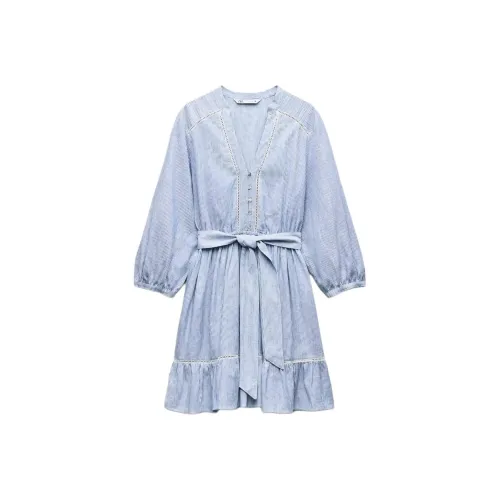 ZARA Long-Sleeved Dresses Women's Blue/White