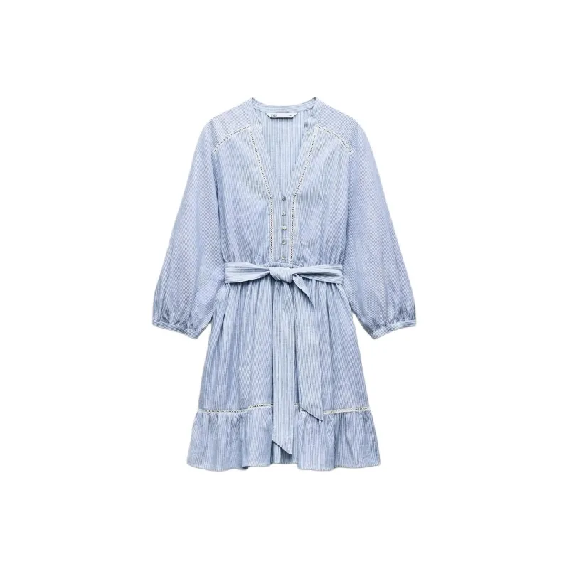 ZARA Long-Sleeved Dresses Women's Blue/White-0