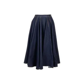 Alaia Pleat Detailed Denim Midi Skirt