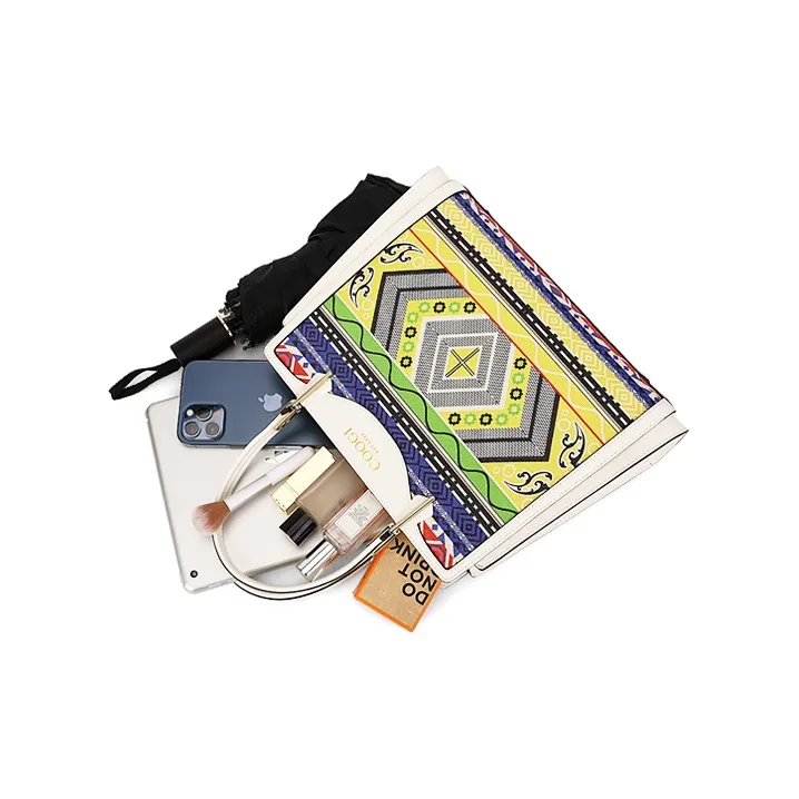 COOGI Cow Leather With Synthetic Leather Tote Bag, Crossbody Bag, Handbag Women's Black/Ecru-10