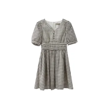 YUMOMO STAR Short Sleeved Dresses Women's Apricot With Black Plaid