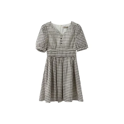 YUMOMO STAR Short Sleeved Dresses Women's Apricot With Black Plaid