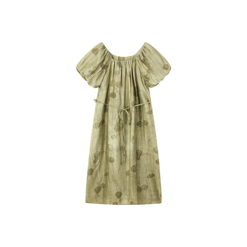 【dme】 Short Sleeved Dresses Women's Vintage Green-0