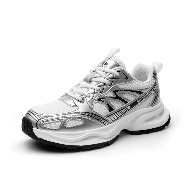 JEEP SPIRIT Anti-Slip Wear-Resistant Breathable Lightweight Height Increasing Low-Top Chunky Sneakers Men's Silver-6