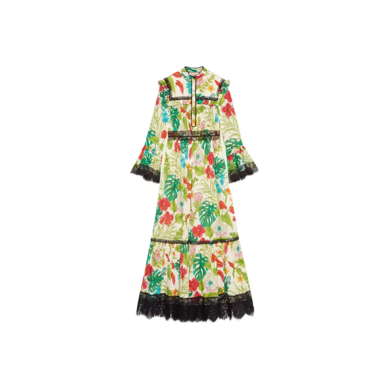 GUCCI Floral Print Lace Trim Muslin Dress Multi-0