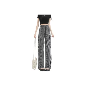BENGEN Ethnic Style Stripes Print High Rise Vacation Pants Casual Pants Women's Black White Pattern