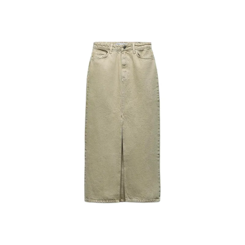 ZARA Denim Long Skirts Women's Khaki-0