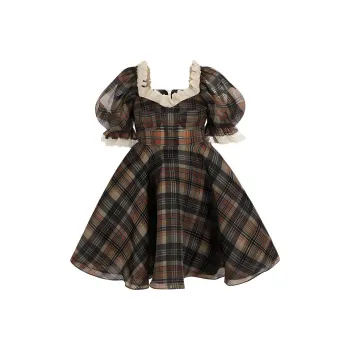 Selkie Collection FW24 Short Sleeved Dresses Women's Brown Base With Houndstooth Pattern Print