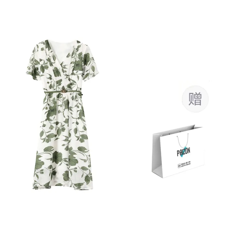 IQC Short Sleeved Dresses Women's White Base With Green Floral Pattern-2
