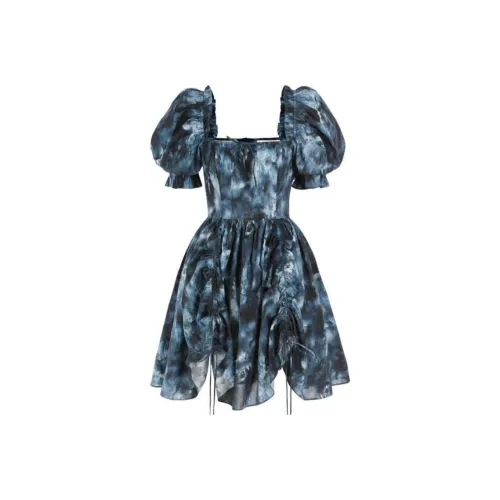Selkie Collection SS24 Short Sleeved Dress Women's Deep Blue With Ink Splatter Print