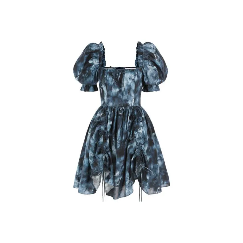 Selkie Collection SS24 Short Sleeved Dress Women's Deep Blue With Ink Splatter Print-0