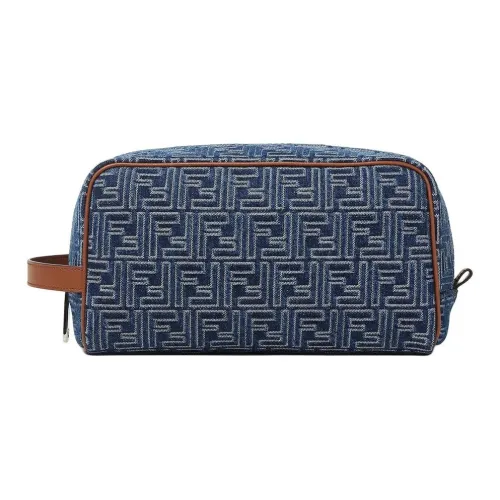 FENDI FF Cotton Makeup Bag Medium Size Unisex Blue