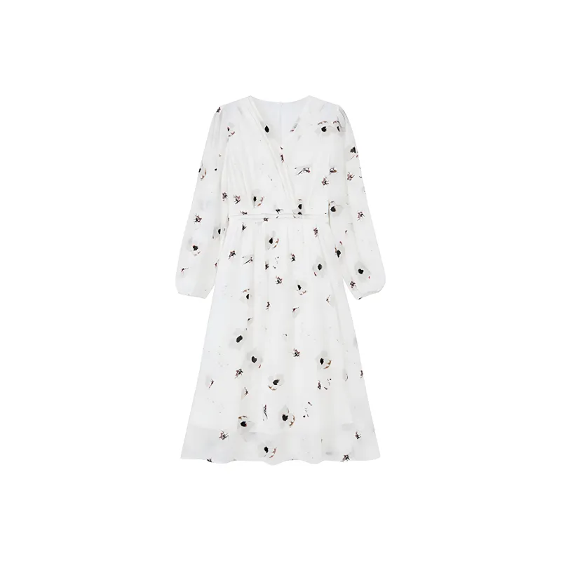 DOSOHEB Long-Sleeved Dresses Women's Watercolor White Tea-0