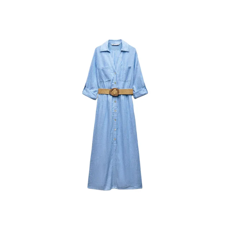 ZARA Long-Sleeved Dresses Women's Blue/White-0